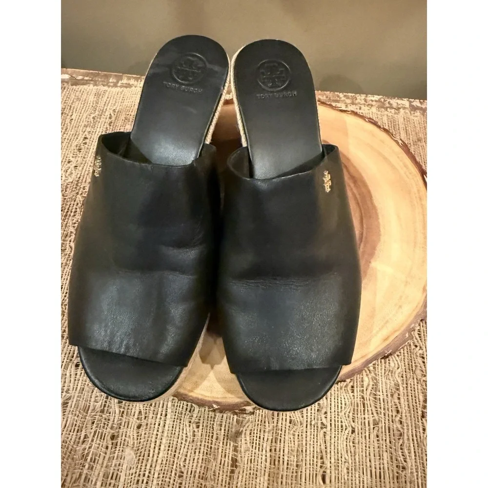 TORY BURCH Landon Espadrille‎ Black Leather Wedge Sandals Shoes Size 8M  $295